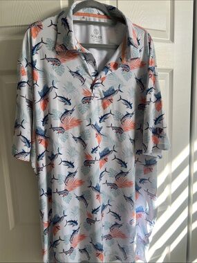 Scales Men’s White Polo with Navy and Coral Fish Print